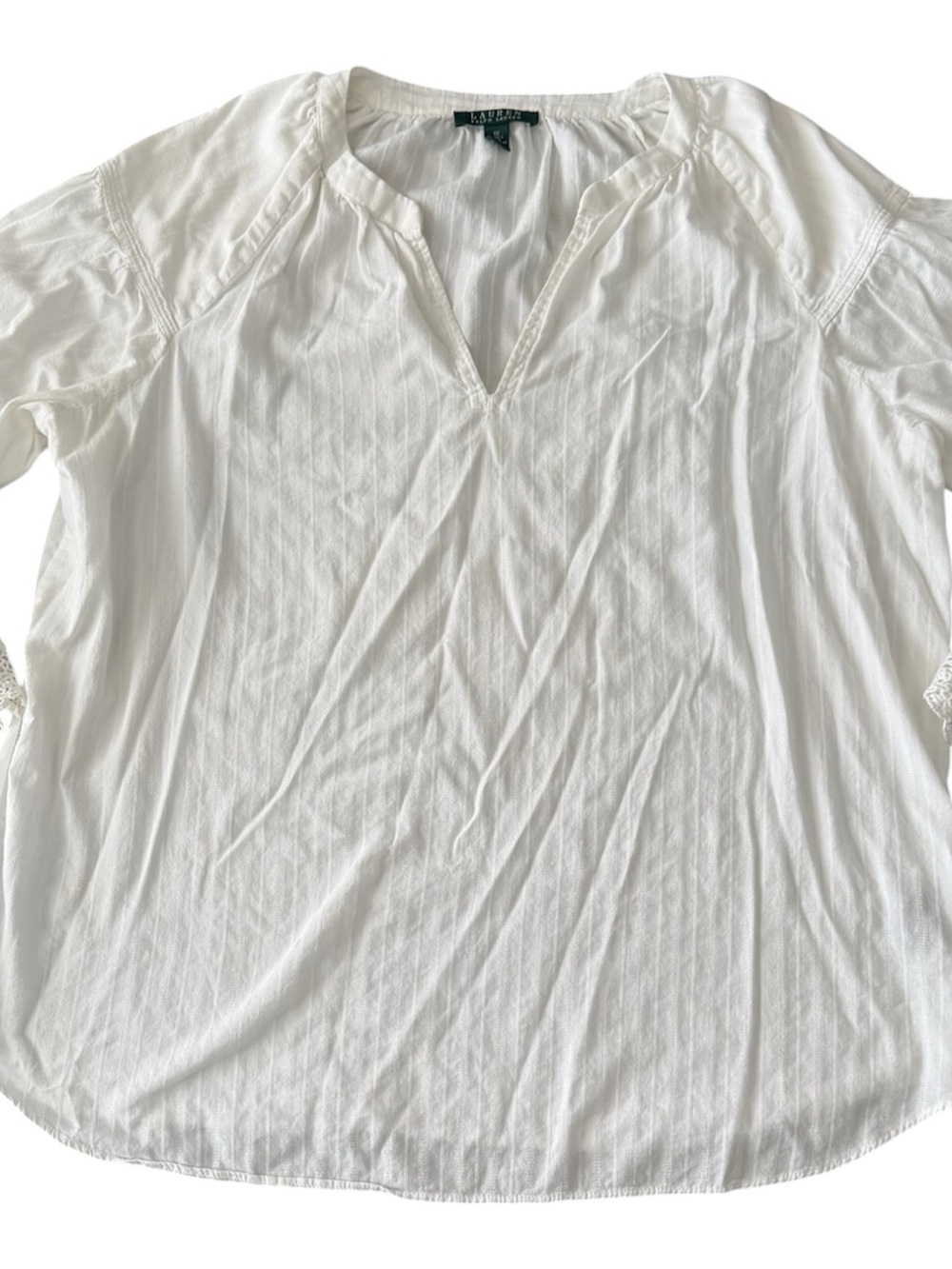 Lauren Ralph Lauren White Cotton Dobby Stripe Crochet Bell Sleeve Blouse 1X